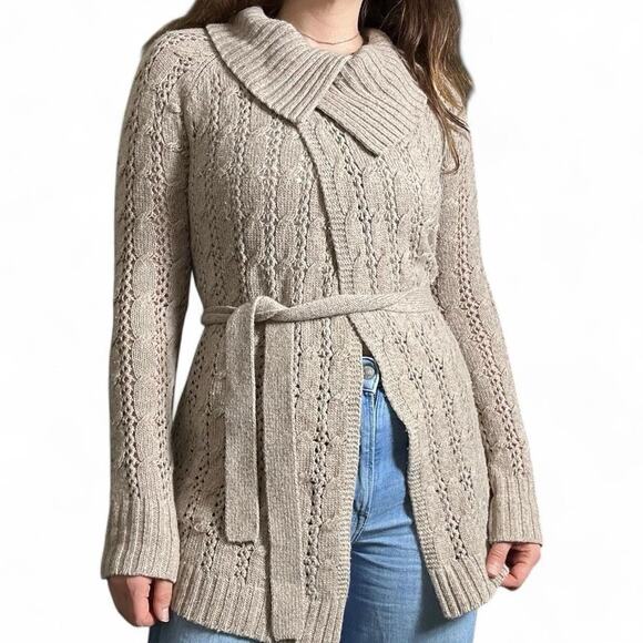 The Limited Wool Silk Blend Open Front Cardigan Sz S Belted Cable Knit - Picture 1 of 9